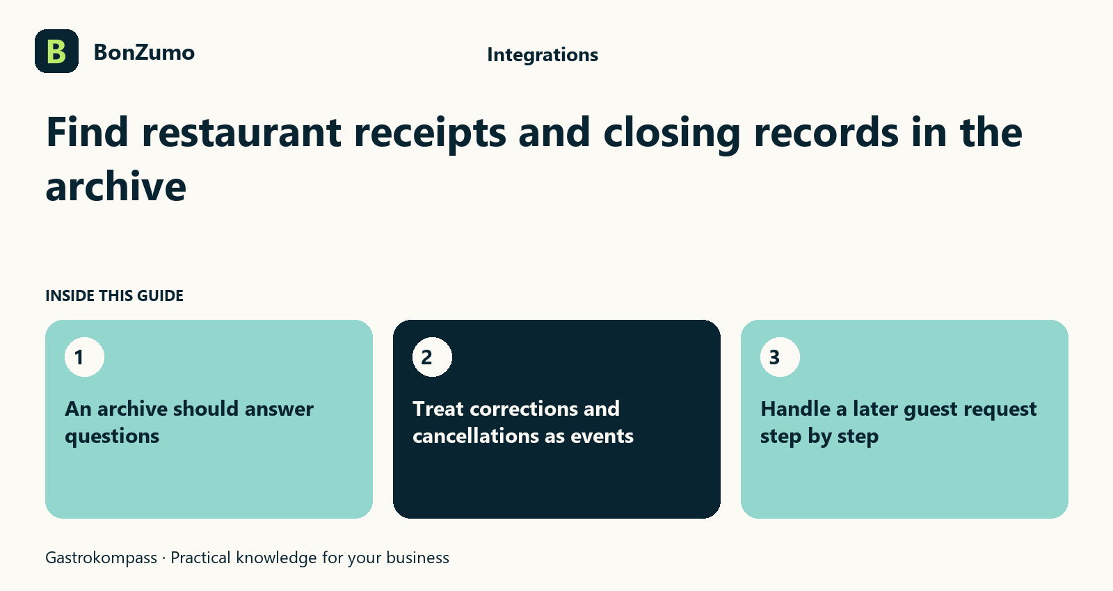 Guide overview: Find restaurant receipts and closing records in the archive: An archive should answer questions; Treat corrections and cancellations as events; Handle a later guest request step by step