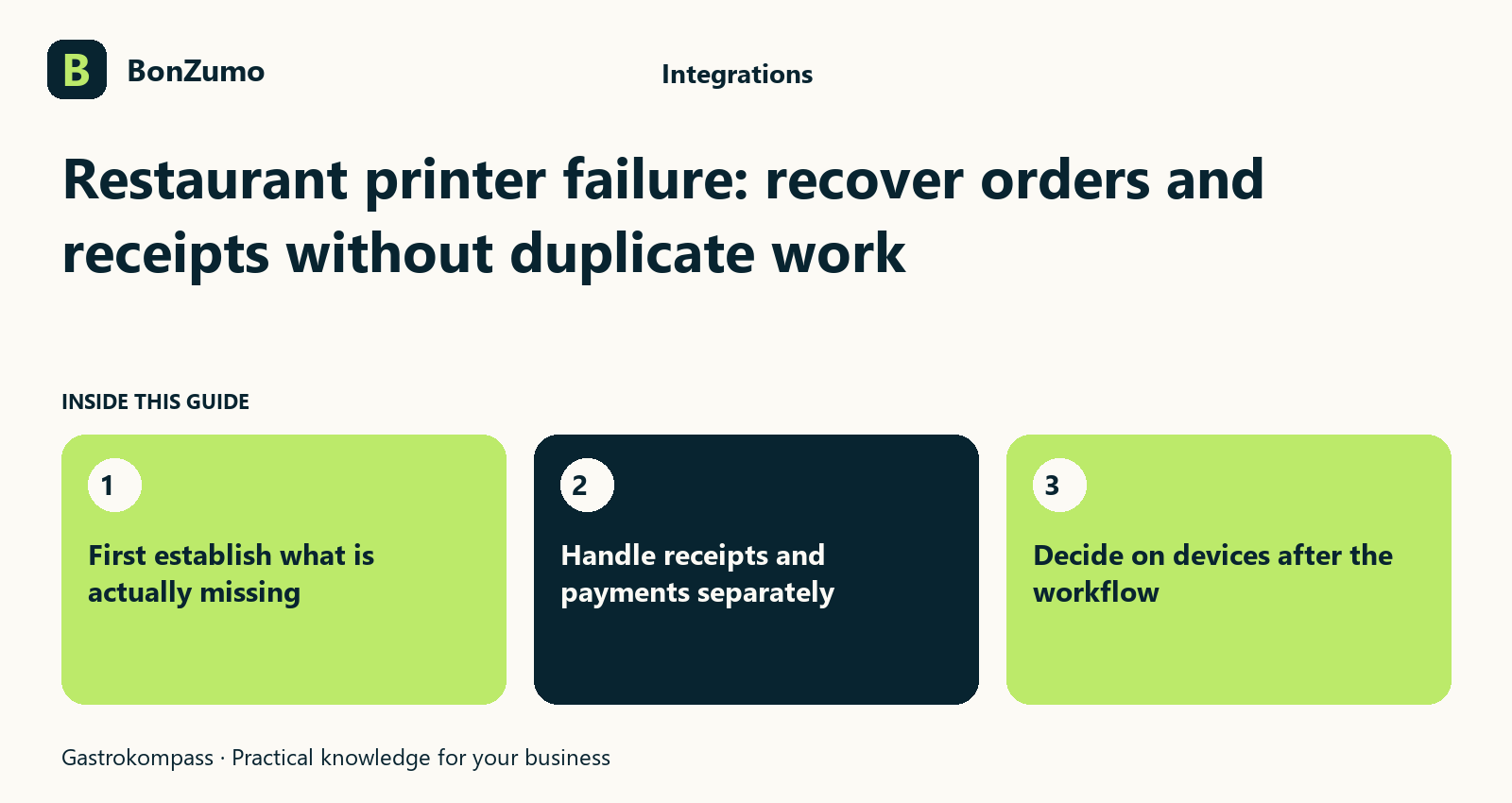 Guide overview: Restaurant printer failure: recover orders and receipts without duplicate work: First establish what is actually missing; Handle receipts and payments separately; Decide on devices after the workflow