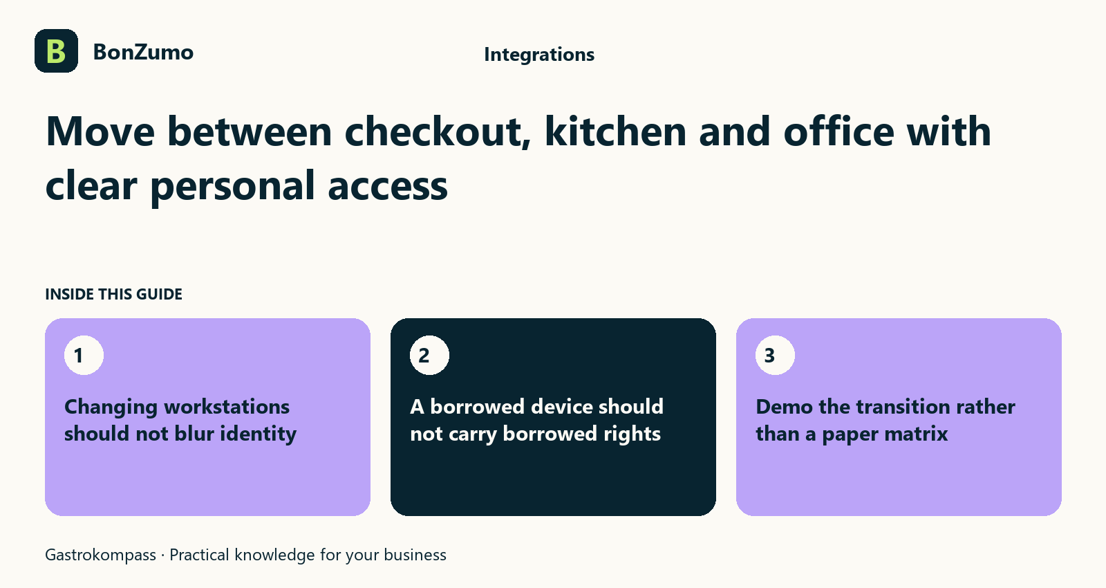 Guide overview: Move between checkout, kitchen and office with clear personal access: Changing workstations should not blur identity; A borrowed device should not carry borrowed rights; Demo the transition rather than a paper matrix