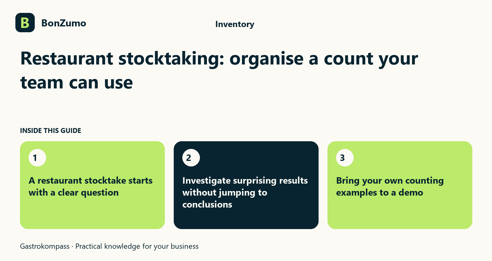 Guide overview: Restaurant stocktaking: organise a count your team can use: A restaurant stocktake starts with a clear question; Investigate surprising results without jumping to conclusions; Bring your own counting examples to a demo