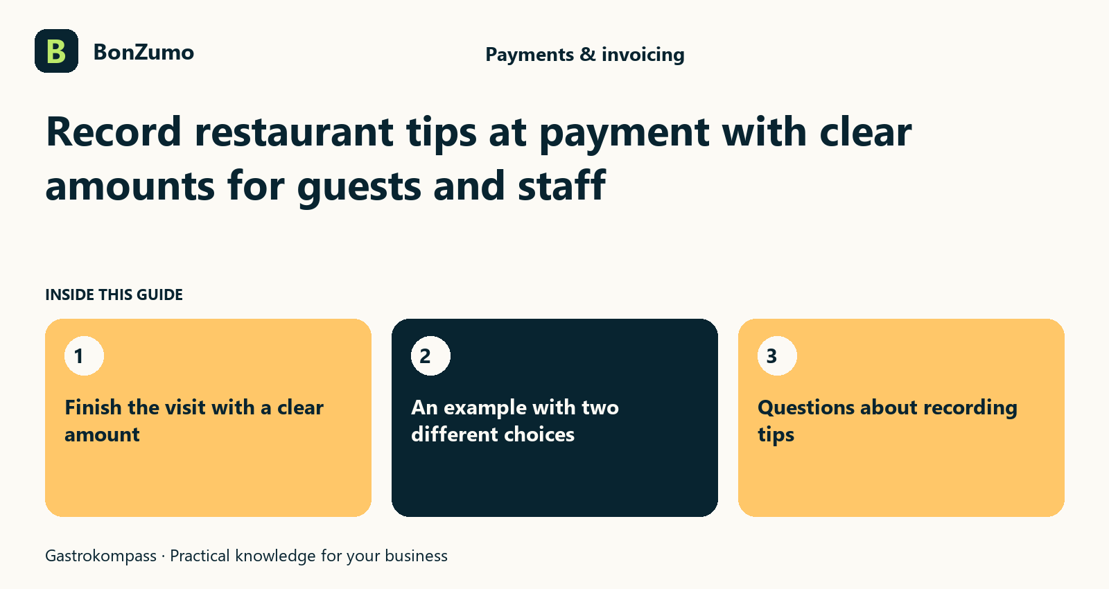 Guide overview: Record restaurant tips at payment with clear amounts for guests and staff: Finish the visit with a clear amount; An example with two different choices; Questions about recording tips