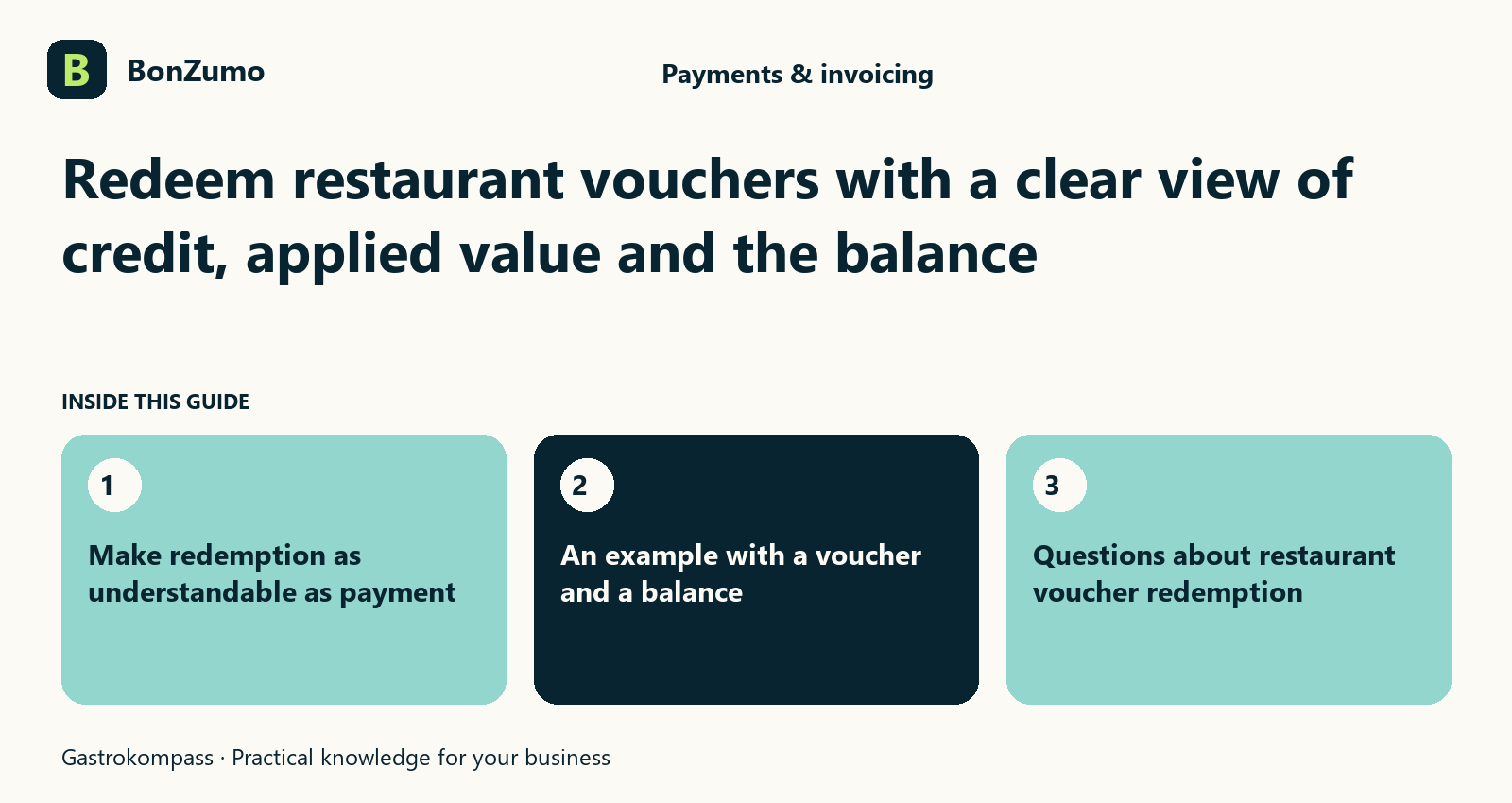 Guide overview: Redeem restaurant vouchers with a clear view of credit, applied value and the balance: Make redemption as understandable as payment; An example with a voucher and a balance; Questions about restaurant voucher redemption