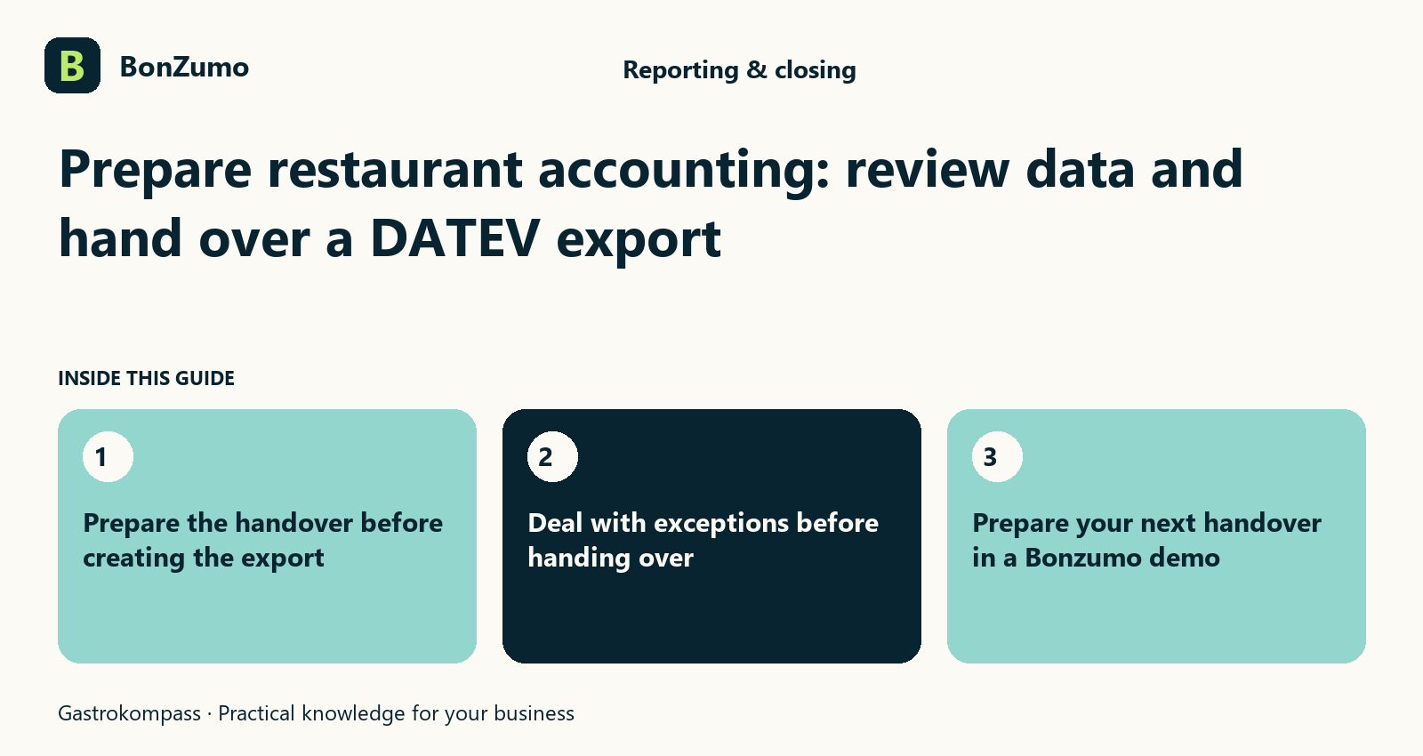 Guide overview: Prepare restaurant accounting: review data and hand over a DATEV export: Prepare the handover before creating the export; Deal with exceptions before handing over; Prepare your next handover in a Bonzumo demo