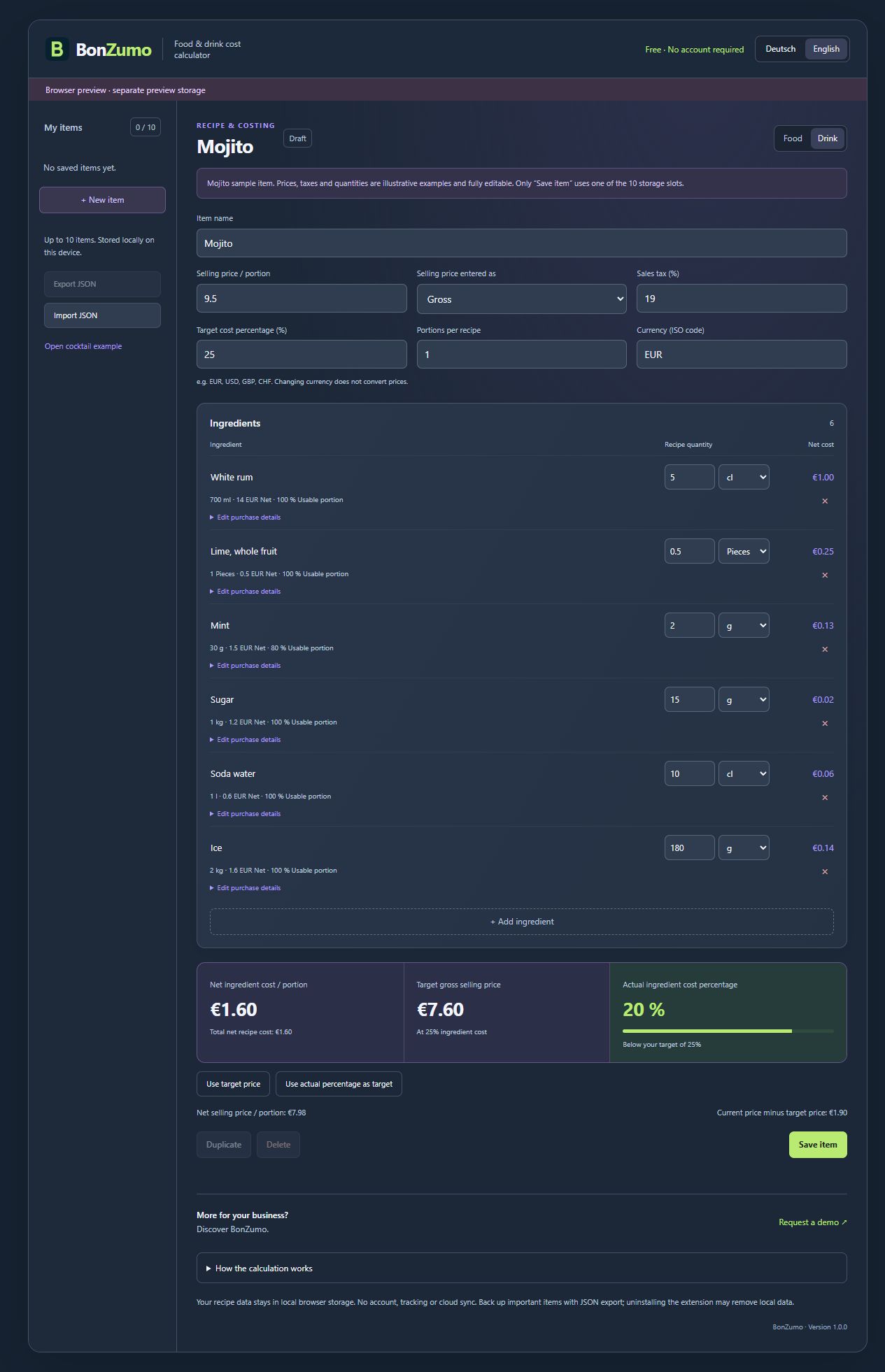 BonZumo food cost calculator with a Mojito example, editable tax rates and DE/EN language buttons